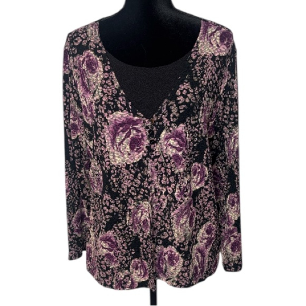 Briggs New York - Black and Purple Floral Blouse - Size 1X